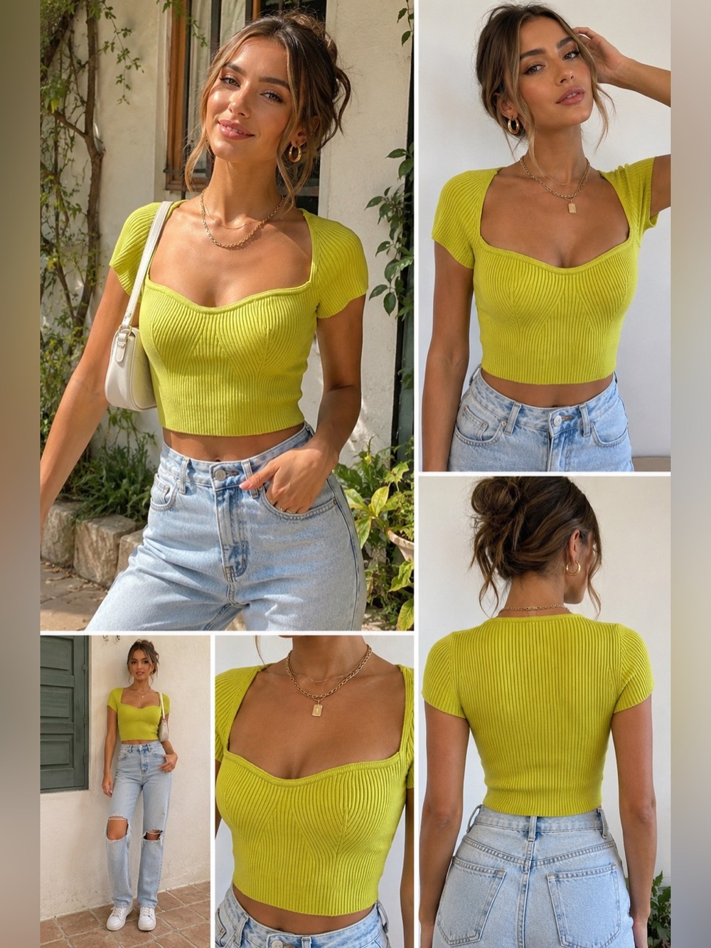 Isalis Ribbed Crop Top Sweater Small Lime Green Sweetheart Neckline Y2K